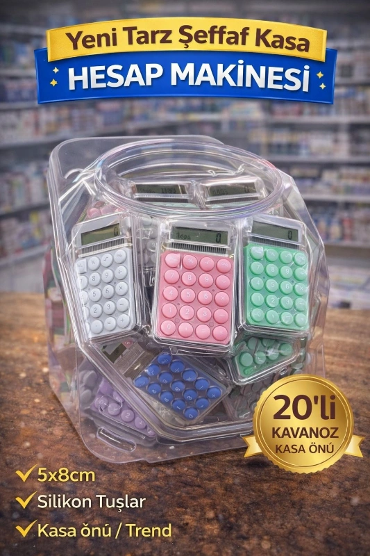 5X8CM SİLİKON TUŞLU ŞEFFAF KASA HESAP MAKİNESİ / 20Lİ KAVANOZ